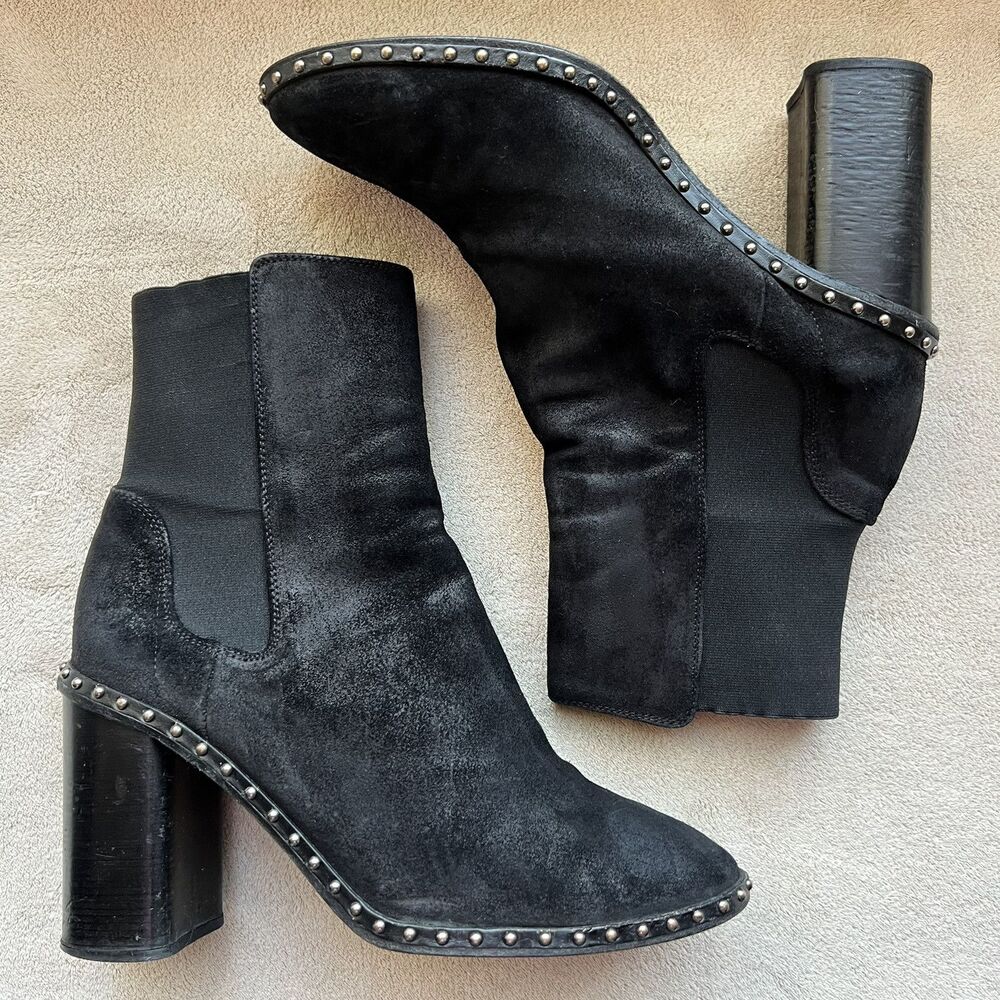 Rag & Bone Romi Black‎ Waxed Suede Bootie Women EU 39.5 US 9 Studded Block Heel